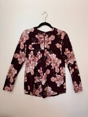 Hamilton Burgundy Floral Top | Hydrangea Print | Zip Front | Long Sleeve | Sm